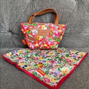 Vintage Kenzo red floral mini bag and scarf set